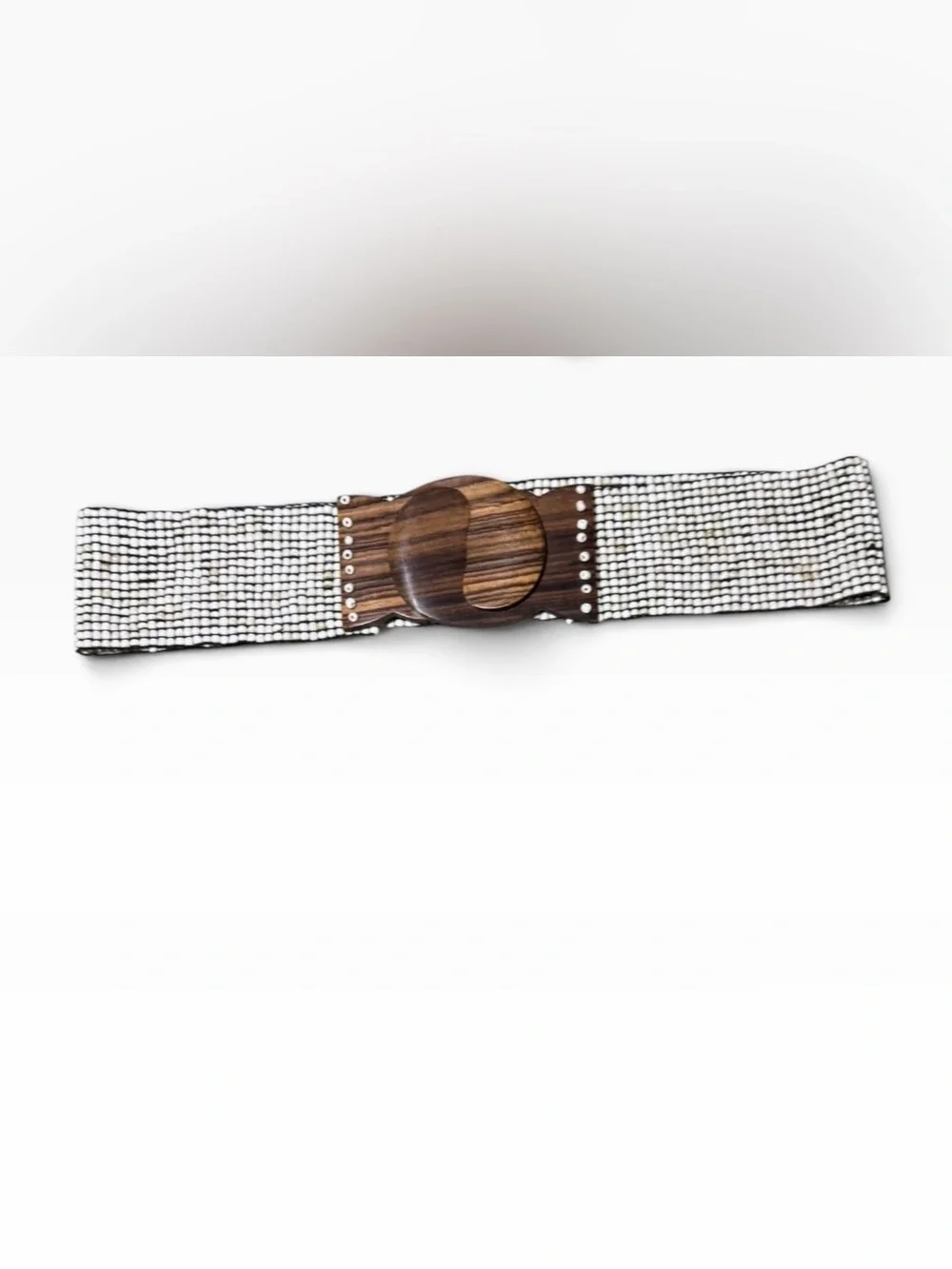 Anthropologie Wide Ivory Beaded Stretch Belt with Brown Wood Buckle